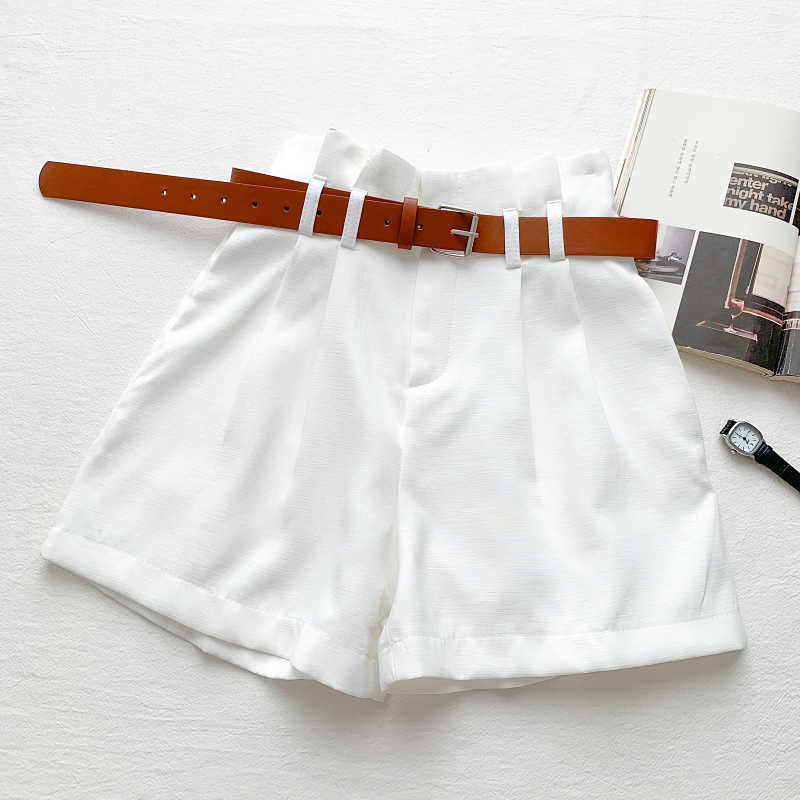 Summer Elegant Shorts Women Korean Belt High Waist Short Fashion Solid Wide Leg Bottoms Mujer 6G187 210603