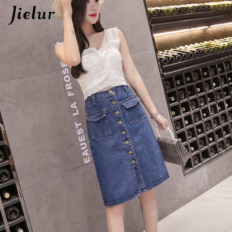 Jielur High Waist Denim Skirts Plus Size Buttons Pockets Classic Jeans Skirt for Women S-5XL Fashion Korean Elegant Jupe Femme 210306