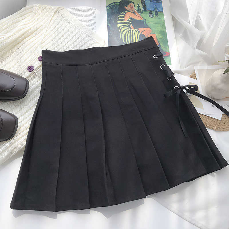 Korean Side Cross Bow Tie Skirts Womens High Waist Pleated A-line Mini Skirt Causal Faldas Mujer Moda 6G352 210603