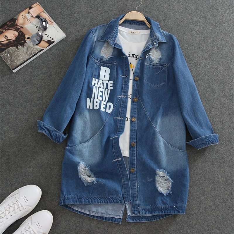 Ladies Denim Jackets Women Spring Turn Down Collar Hole Long Sleeve Casual Denim Jacket Women Jeans Coat Outerwear Plus Size 8XL T200212