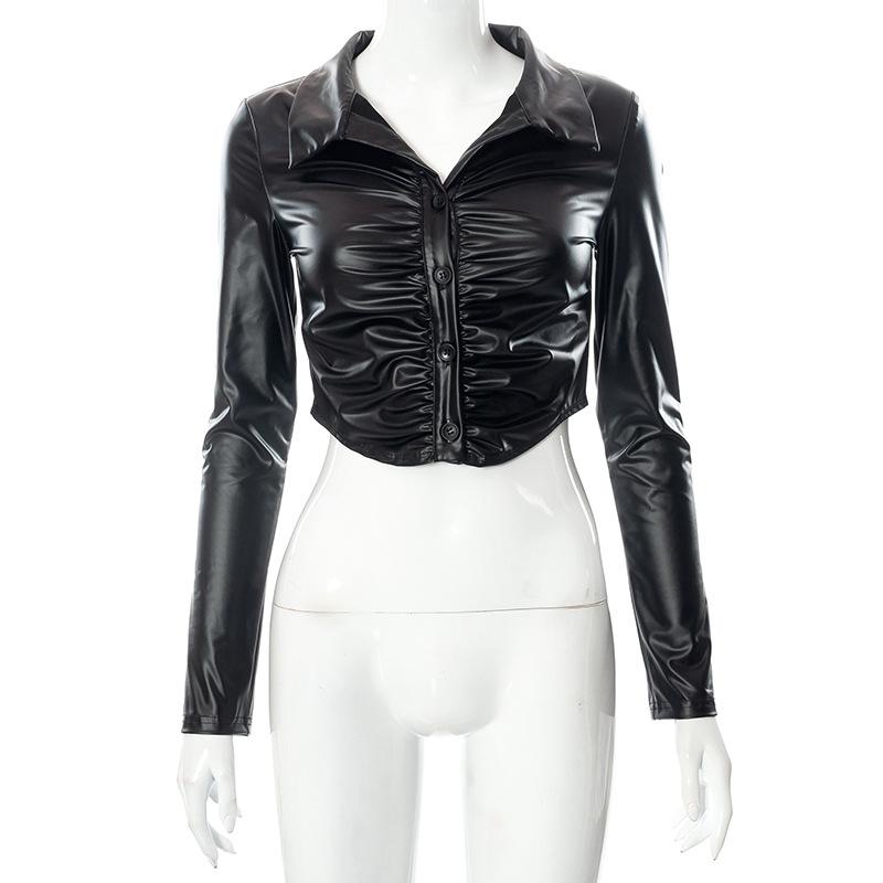 Womens T-Shirt Black Pu Leather Folds Skinny Tshirt Sexy V Neck Turn Down Collar Full Sleeve Crop Top Women Punk Style Gothic Emo Alt Cloth