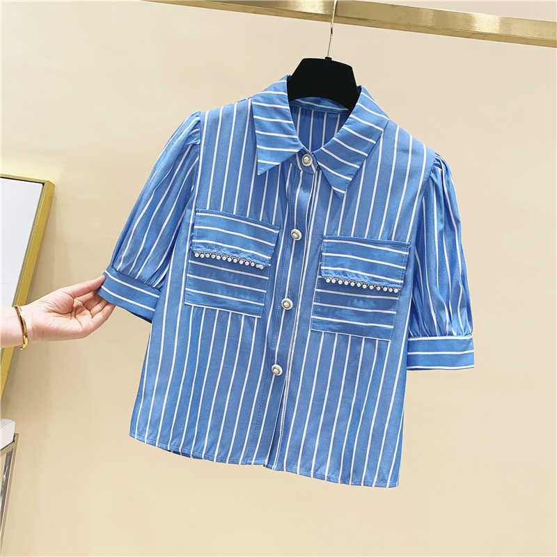 Blue Vertical Stripe Pocket Bead Short Sleeve Loose Turn-down Collar Shirts Womens Tops 210615