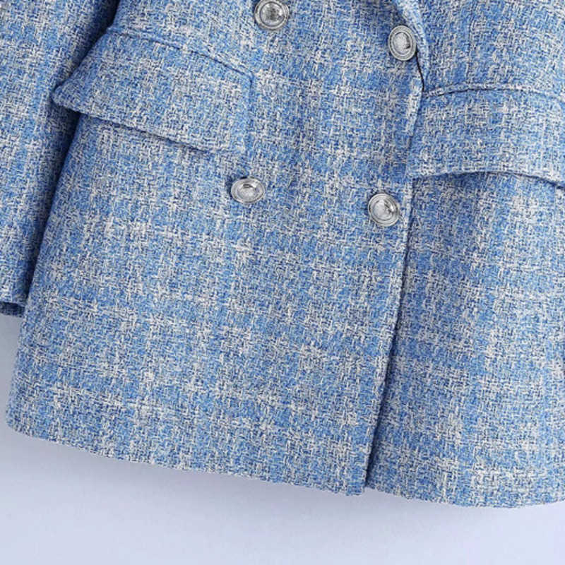 Fashion Double Breasted Tweed Check Women Blazer Coat Vintage Long Sleeve Flap Pockets Female Outerwear Chic Tops 210928