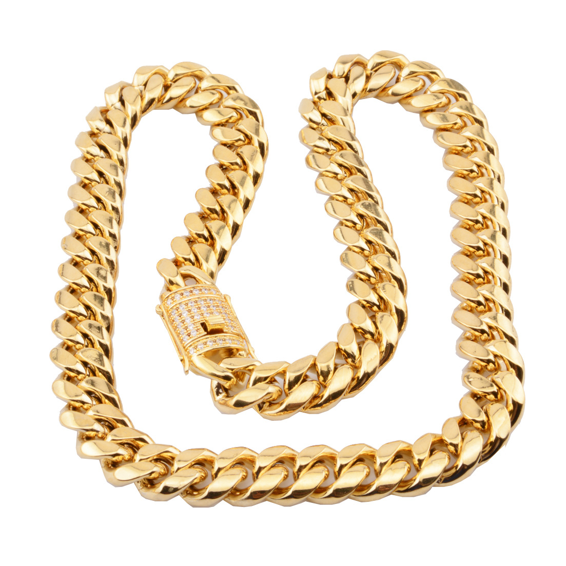 Gold Titanium Chains Steel Stainless Cuban Link Micro-Inlaid White Drill Buckle Encryption Necklace