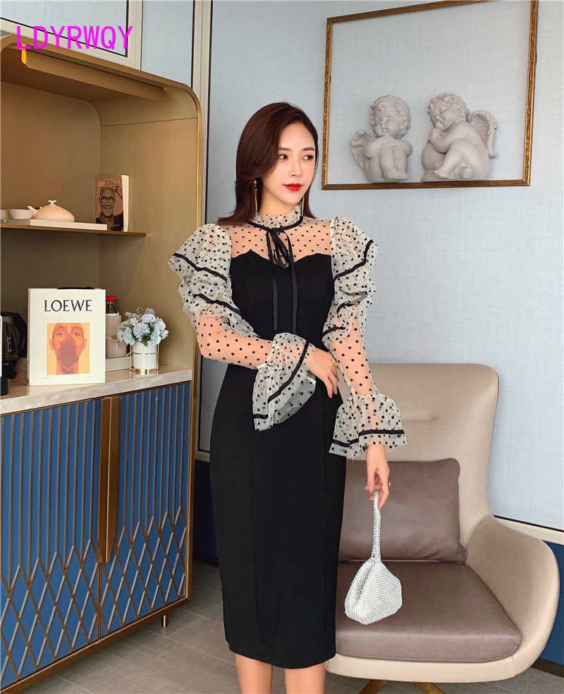 autumn French retro ladies temperament wave point mesh female waist slimming dress 210603, Black
autumn French retro ladies temperament wave point mesh female waist slimming dress 210603, Black