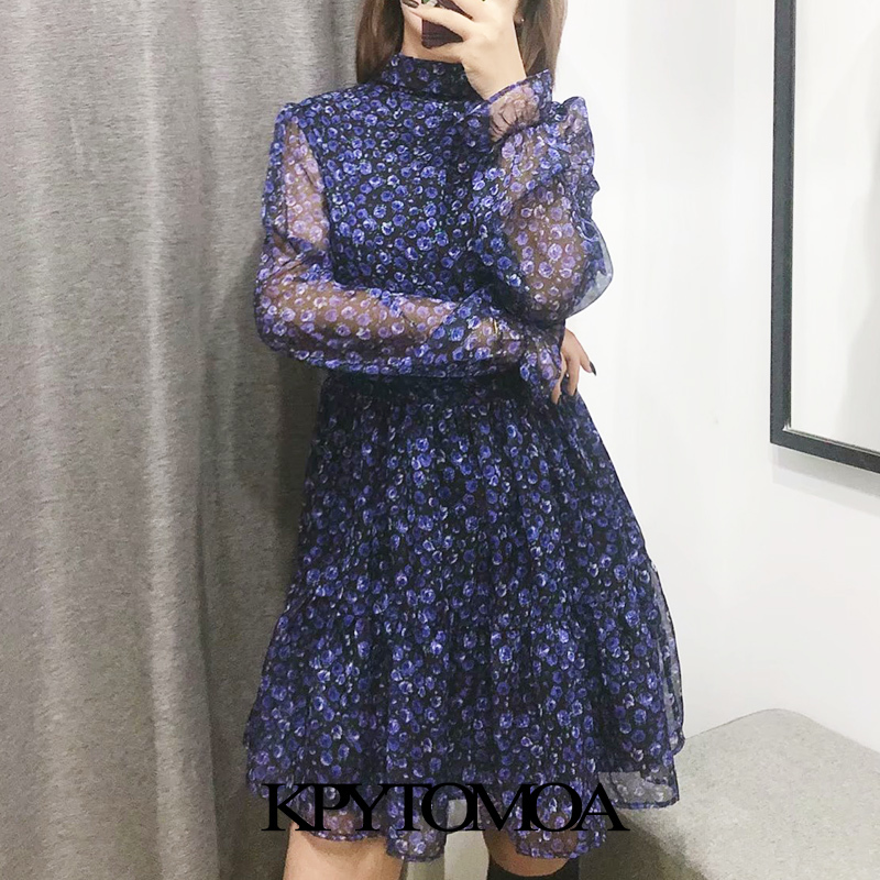 Vintage Elegant Floral Print Pleated Mini Dress Women Fashion Lapel Collar See Through Sleeve Female Dresses Vestidos Mujer 210303