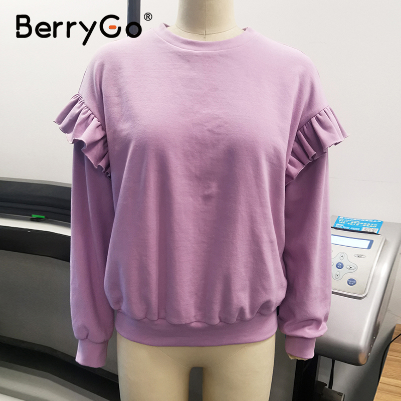 BerryGo Casual o neck women sweatshirt ladies tops Vintage ruffle purple sweatshirt long sleeve autumn pull femme tracksuit 201030
