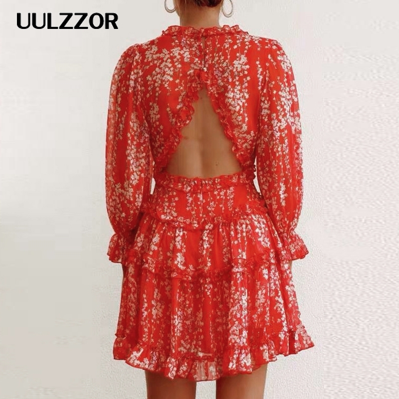 Floral Printed Mini Dress Women Sexy Backless Elegant Ladies Long Sleeve Ruffle Prom Party Summer Beach Short Dress Vestido 210309
