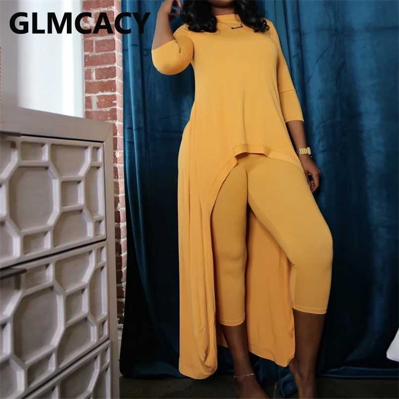 Women Long Sleeve Dip Hem Shirt Top and Skinny Pants Set Two Piece Chic Streetwear Suits 210930