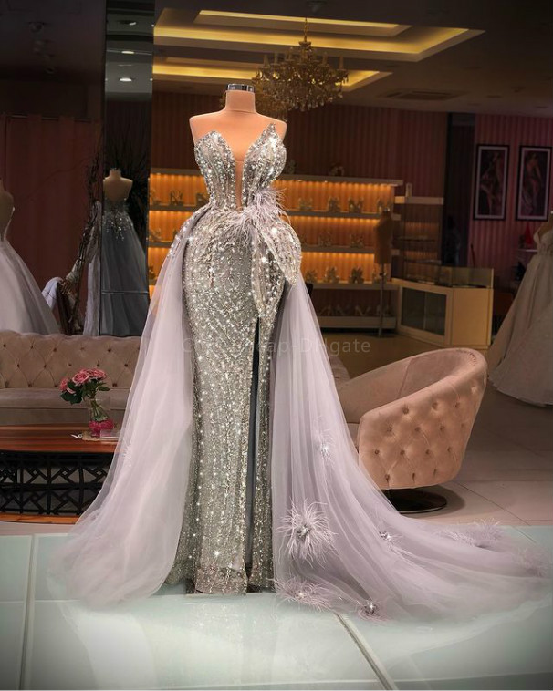 Plus Size Arabic Aso Ebi Silver Luxurious Stylish Prom Dresses Beaded Crystals High Split Evening Formal Party Second Reception Gowns ZJ922