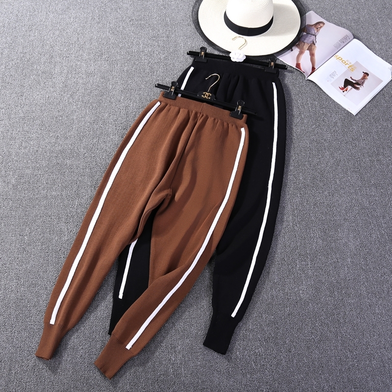 Top Fashion Knitting women's Side Striped Harem Pants loose casual elastic waist trousers plus size women pants T200223
