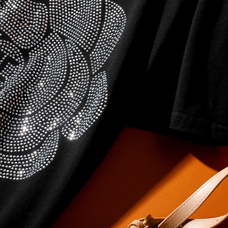 Summer new fashion Loose plus size short-sleeve T-shirt for women casual personality Flowers pattern hot diamond female tops 210306