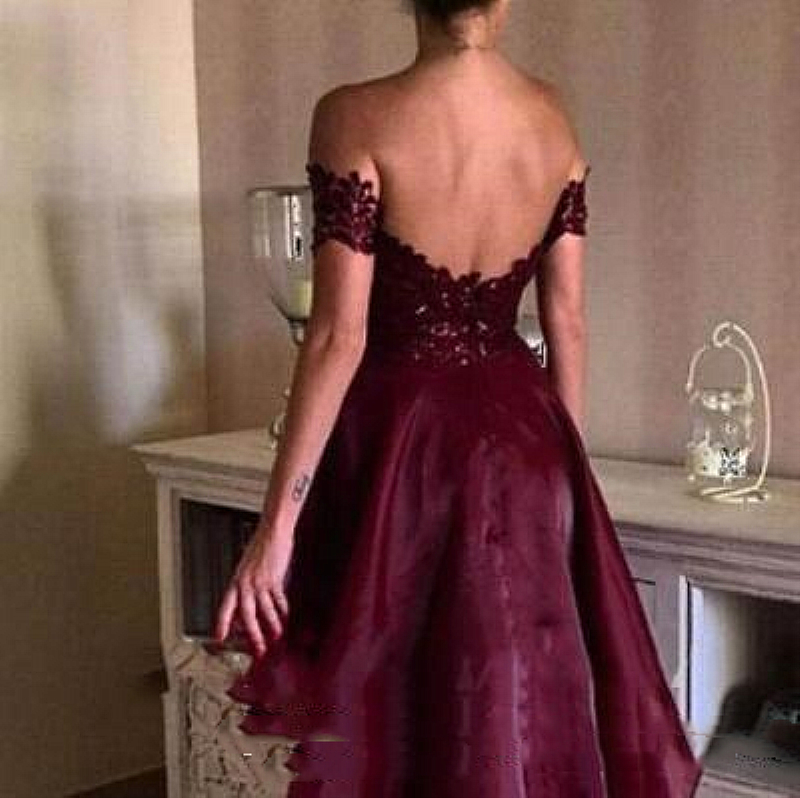 Sexy Backless High Low Cocktail Party Dresses 2021 Off The Shoulder Lace Appliques Top Short Prom Dress Homecoming Spaecial Occasion Gowns