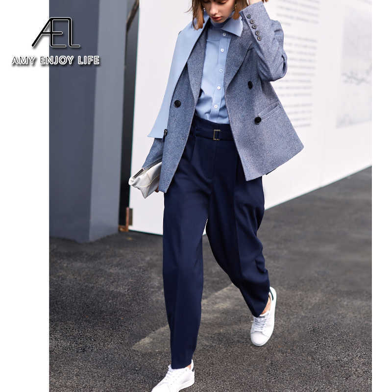 AEL navy blue suit pants woman high waist loose casual sashes office ladies long autumn 211115