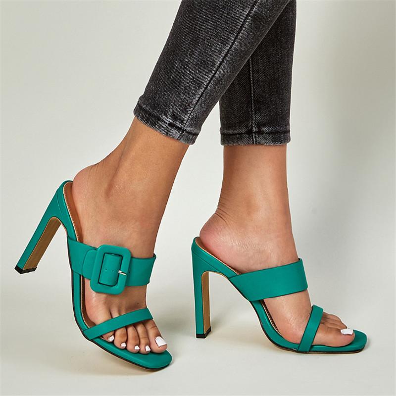 New Summer Women Sandals Fashion Buckle Designer Ladies Shoes Gladiator Peep Toe Square High Heels Sexy flip flops, Green