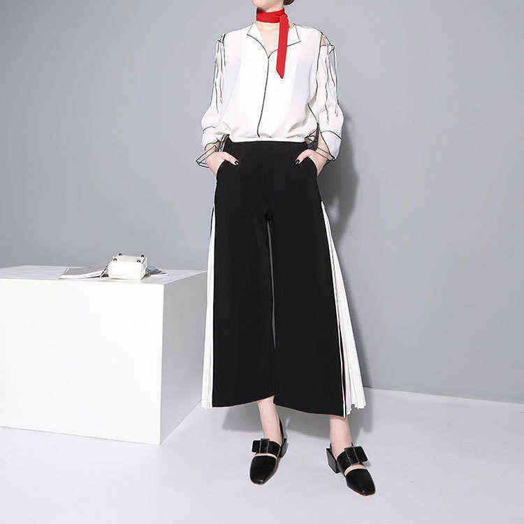 Spring High Waist Blue Side Pleated Split Joint Hit Color Loose Wide Leg Long Pants Women Trousers Fashion JO562 211115