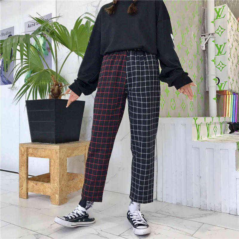 Neploe Vintage Plaid Patchwork Pants Harajuku Woman Man Trousers Elastics High Waist Korean Causal Straight Checkerboard 211115