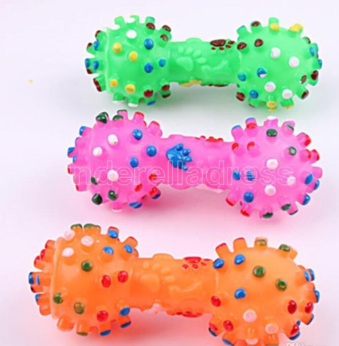free shipping Colorful Dotted Dumbbell Shaped Dog Squeeze Squeaky Faux Bone Pet Chew Toys For Dogs DHL B0520A01
