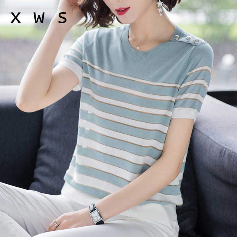 short sleeve pullovers Women knit sweaters striped basic Ladies sweaters loose thin tricot summer Korean Knit jumper Tops 210604, Navy blue
short sleeve pullovers Women knit sweaters striped basic Ladies sweaters loose thin tricot summer Korean Knit jumper Tops 210604, Navy blue
