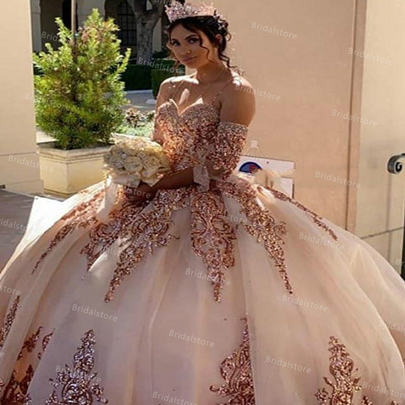 Sparkly Rose Gold Blue Quinceanera Dresses Vestido De 15 Anos Appliques Beads Sequin Sweet 16 Dress Masquerade Prom Birthday Party Gown