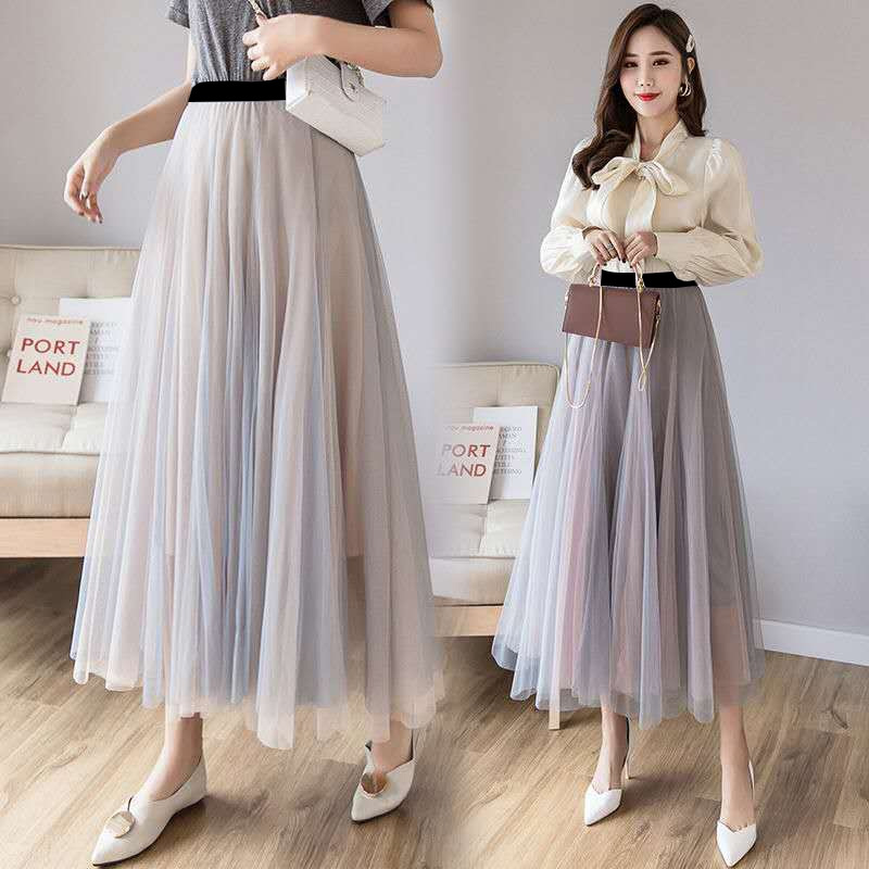 new Skirt Summer for Women 3 Layers Princess Tulle Skirts Womens Mesh Pleated A-line Skirts Lady Long Tulle Skirt 210309