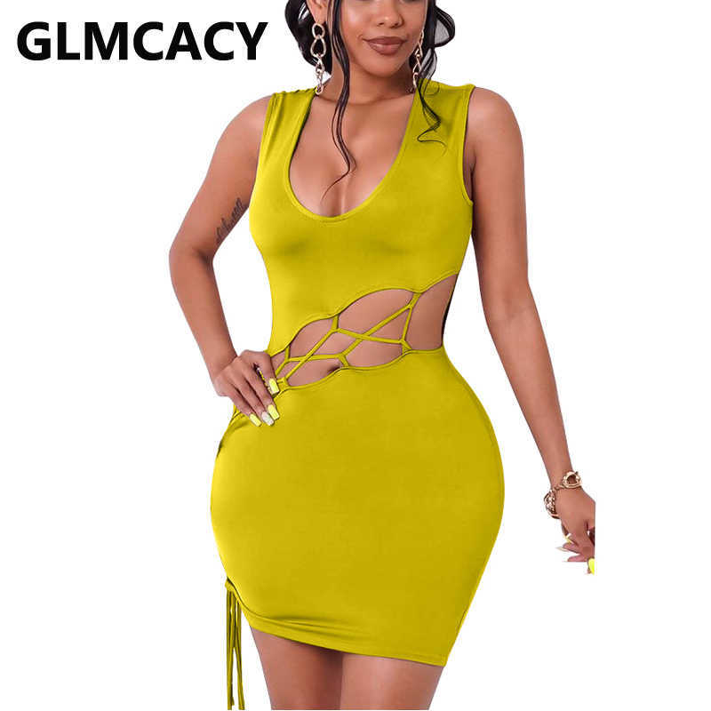 Women Sleeveless U-neck Hollow Out Bodycon Mini Dress 210702