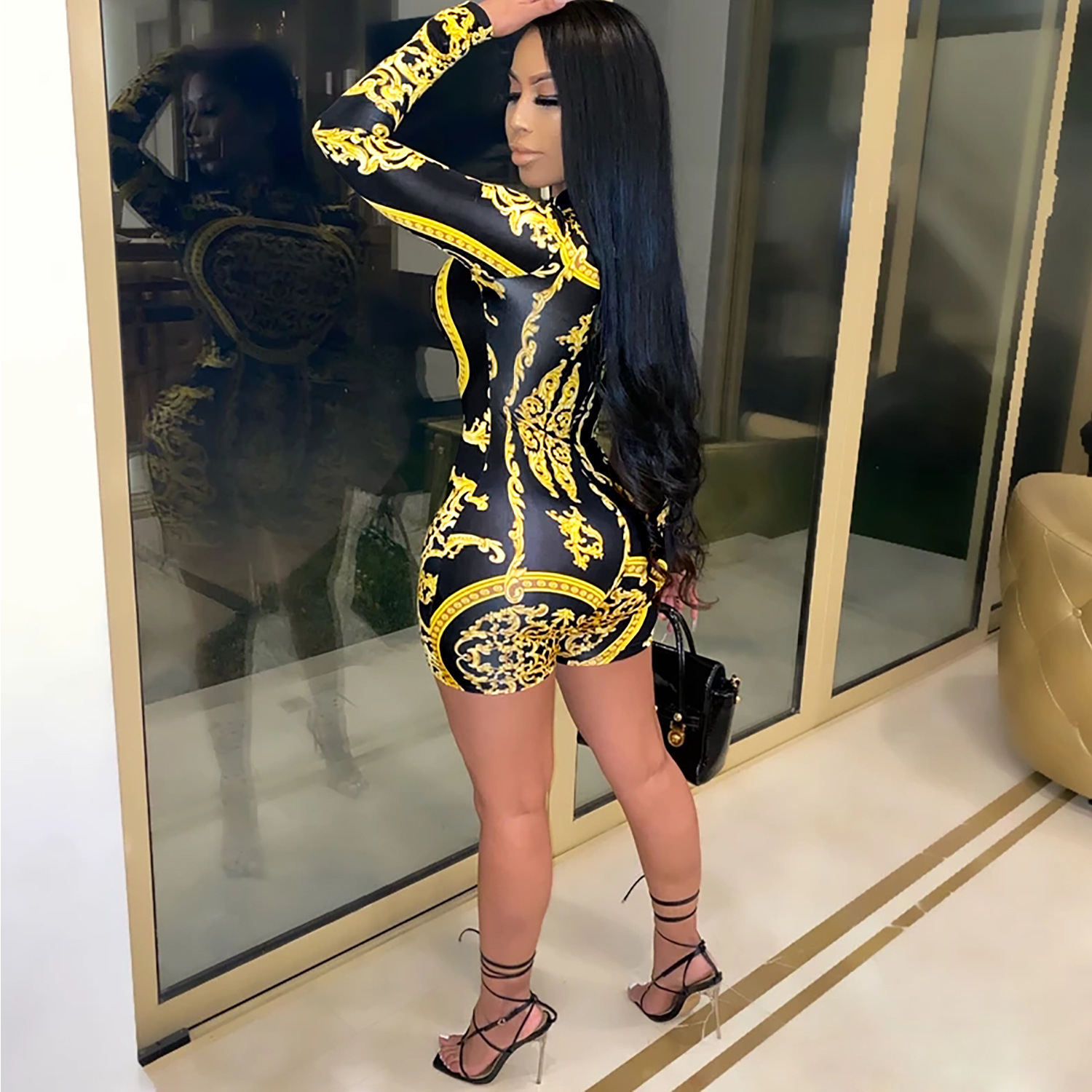 ANJAMANOR Fashion Vintage Print Long Sleeve Shorts Rompers Bodycon One Piece Jumpsuit Clubwear Fall Women Clothing D42-CC21 201007