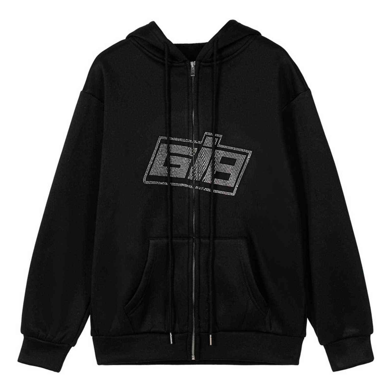 Harajuku Hoodies Women's Jacket Female Hooded Rhinestone Letter Print Long Sleeve Sweatshirt Oversized Hoodie Zipper Loose Coat Y1118