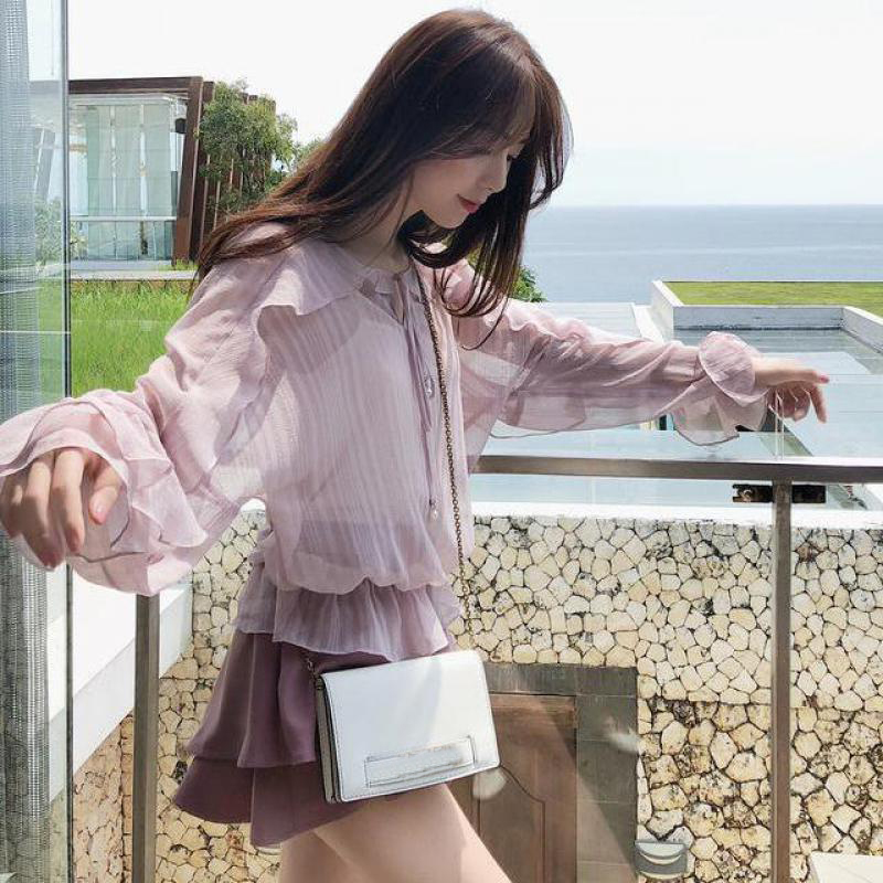 2021 Spring New Arrival Korean Style Ruffle Blouse Fairy Temperament Loose Chiffon Shirt Full Sleeve Ruffled Shirt Free Shipping 210225