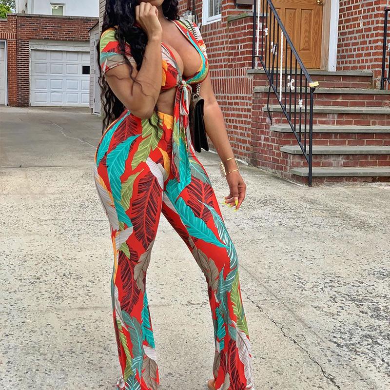 Deep V Bandage Sexy Print Pants Two Piece Sets Women Summer Short Sleeve Crop Tops Bottom Casual Club Outfits Party Romper, Red 
Deep V Bandage Sexy Print Pants Two Piece Sets Women Summer Short Sleeve Crop Tops Bottom Casual Club Outfits Party Romper, Red