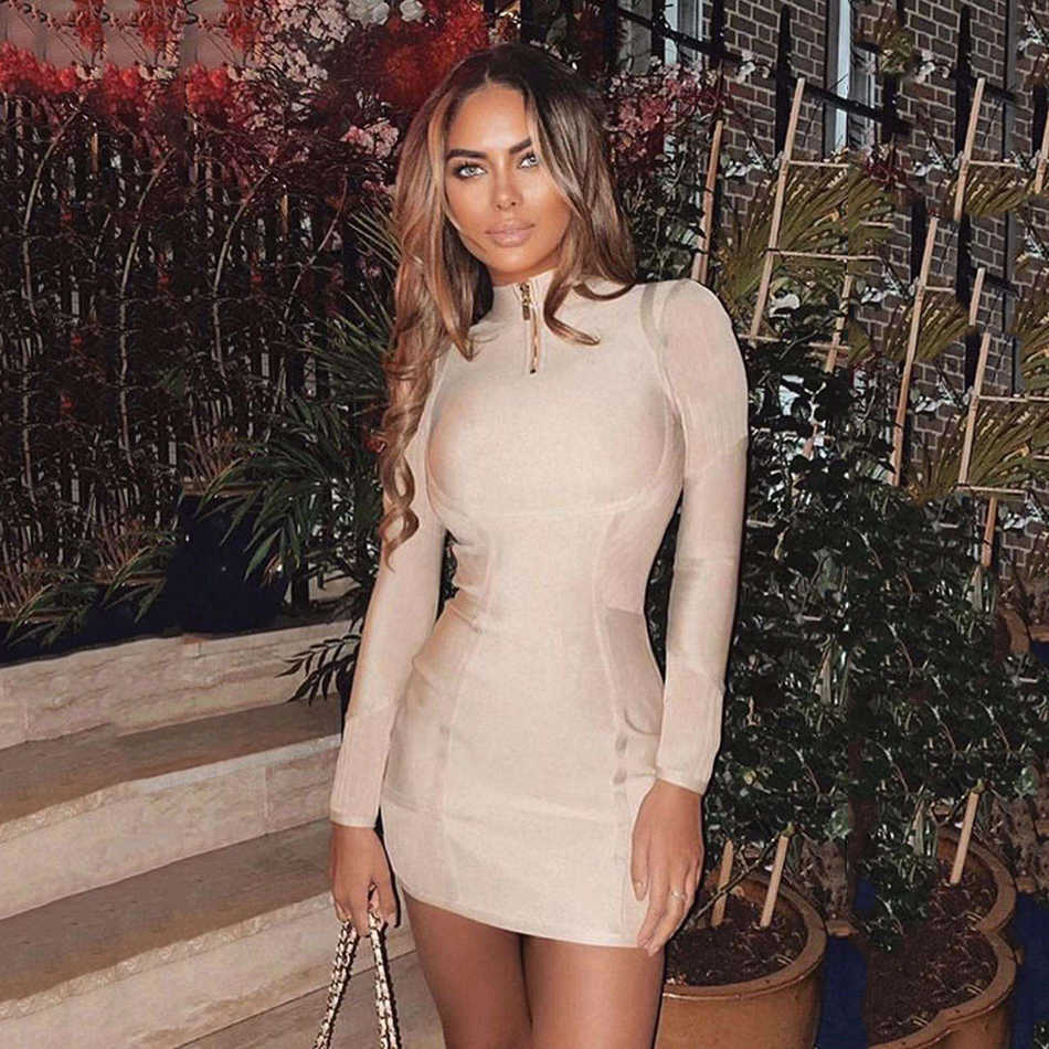 Summer Product Bodycon Bandage Dress Ladies Sexy Zipper Nude Long Sleeve Mini Club Celebrity Party 210525