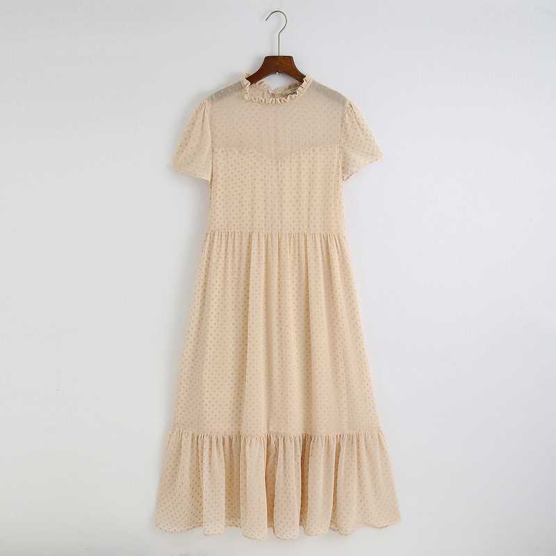 Women Long Dress Spring Fashion Flocking Polka Dot Short Sleeve Transparent Material Modern Lady Black Dresses 210602