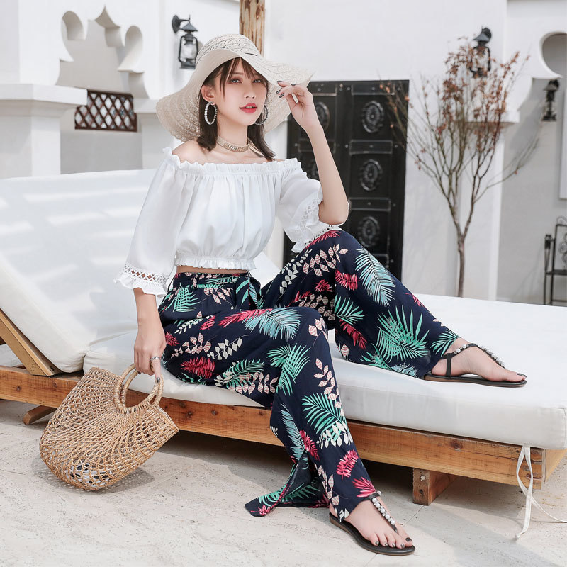 Woherb Bohemia Wide Leg Cotton Silk Pants Women Plus Size Floral Print Boho Pant Bow Bandage Trousers Seaside Holiday Beach Wear 201012