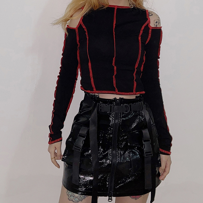 Punk Gothic Women's T-shirts Hollow Out Patchwork Cropped Top Winter 2021 Female T-shirt Chic Aesthetic 210302