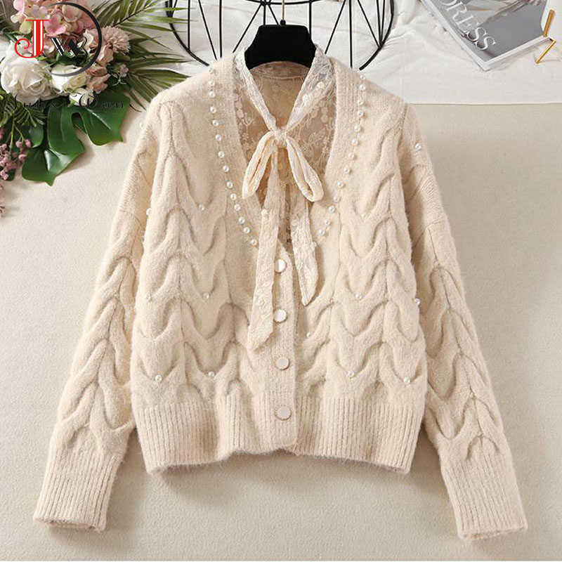 Cardigans Women Knitted Sweater Autumn Winter Long Sleeve V neck Jumper Fashion Sweet Beaded Cardigans Casual Streetwear Sweater 210918
