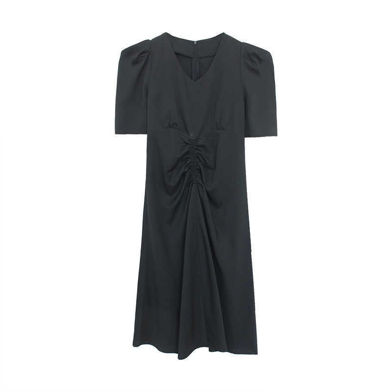 Puff sleeve dress women summer style solid color V neck niche vintage French dresses office lady outfit 210608