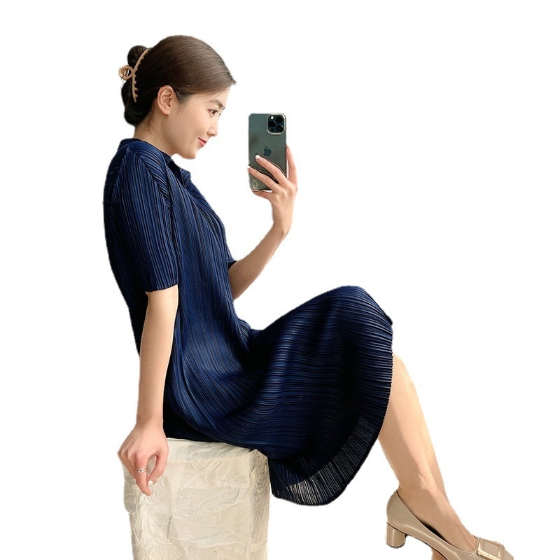 Summer Navy Blue Dress For Women Lapel Short Sleeve Casual Slim Female Elegant Streetwear Dresses 2D3601 210526