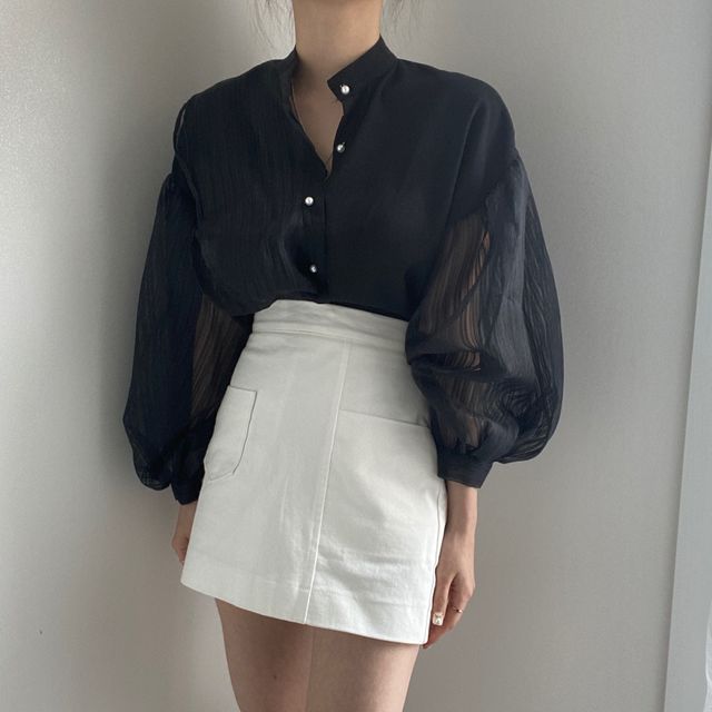 [EWQ] Spring New Stand Collar Chic Pearl Button Loose Perspective Mesh Stitching Lantern Sleeve Shirt Women Blouse Blusas 210225