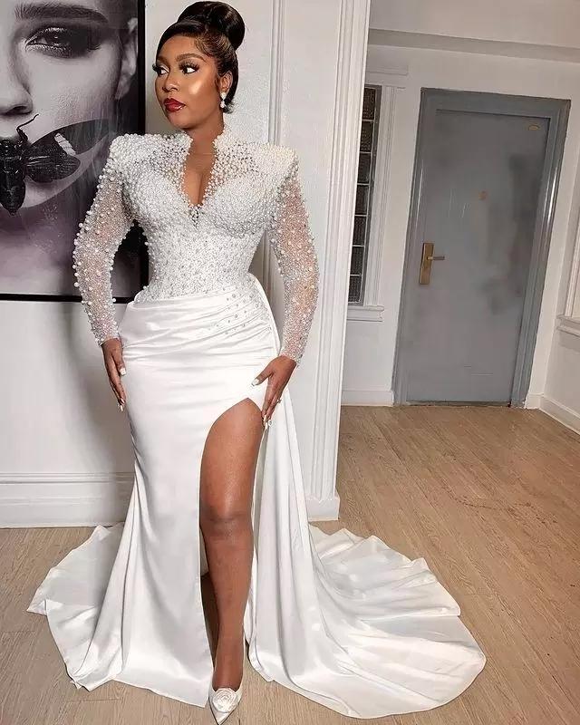 Pearls Beading Mermaid Wedding Gowns High Collar V Neck Arabic Aso Ebi Long Sleeves Bridal Dress Plus Size Sexy Side Slit Satin Vestidos De Novia