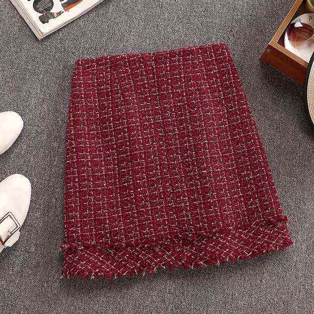 Autumn Winter Women Gold Double-breasted Tweed Short Jacket Coat + Bodycon Skirt Suit Tassels 2PCS Clothing Set Red Plaid 211106