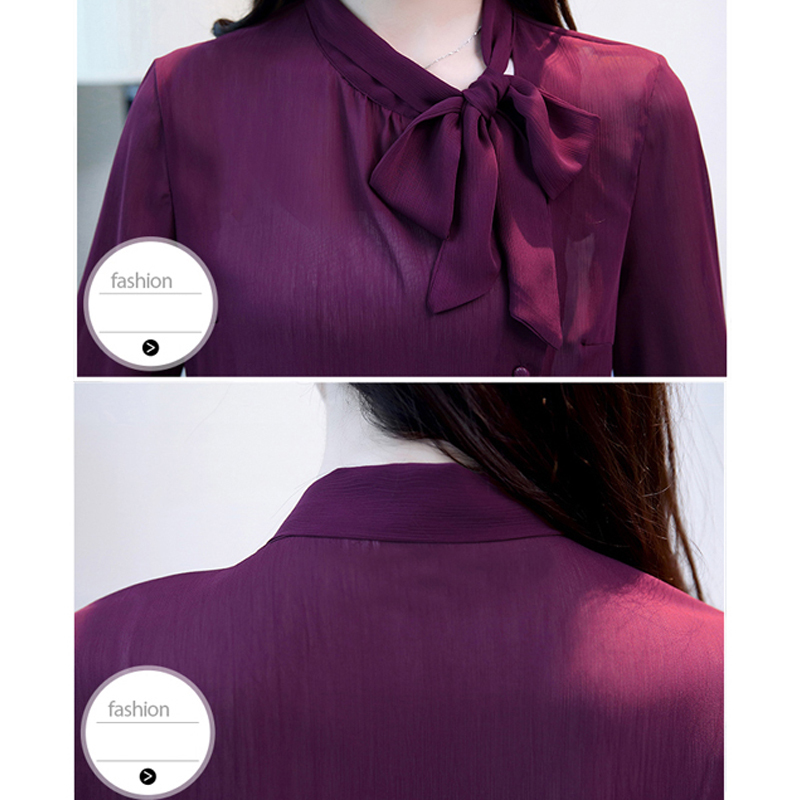 Bow Neck Women's Clothing Spring New Long-sleeved chiffon Women blouse shirt solid purple formal women tops blusas 210H 210225