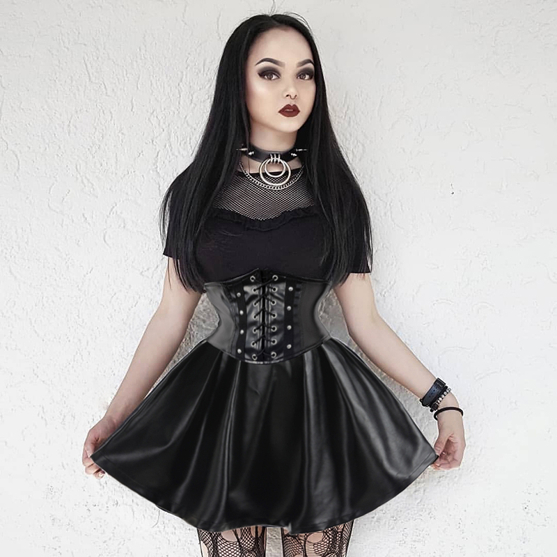 SUCHCUTE Women's Skirts Gothic Harajuku Bandage Faux Leather Korean Fashion Black Mini Pleated Skirts Summer Party Pu Saias 210309