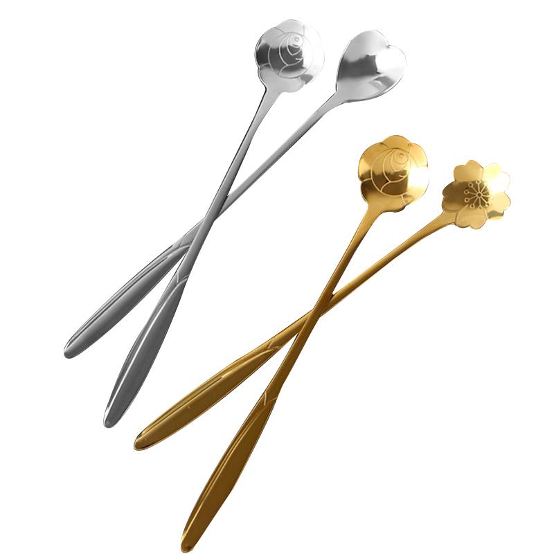Spoons Tea Coffee Mixing Spoon Gold Long Handle Dessert Stainless Steel Vintage Teaspoons Drink Tableware Flowers Design 1PCS4797275