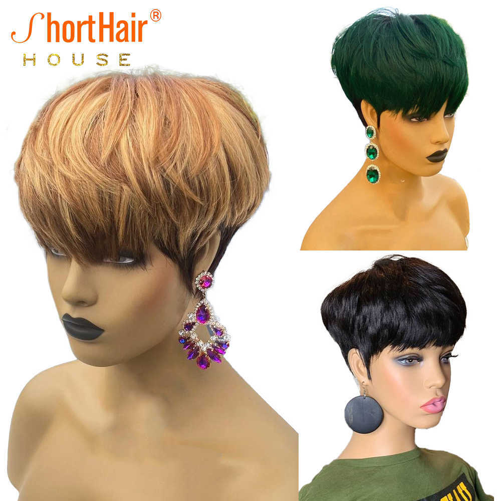 Fashion Beauty Color Highlight Human Hair Wig Pixie Short Cut Bob Wig For Black Women Green Honey Blonde No Lace Front Wigs S0826