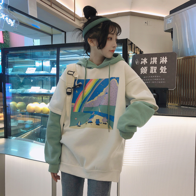 oversized Hoodies Women Printed Patchwork Hoody Simple Thicker Loose Simple Korean Style Drawstring Womens Streetwear Hoodie 201102