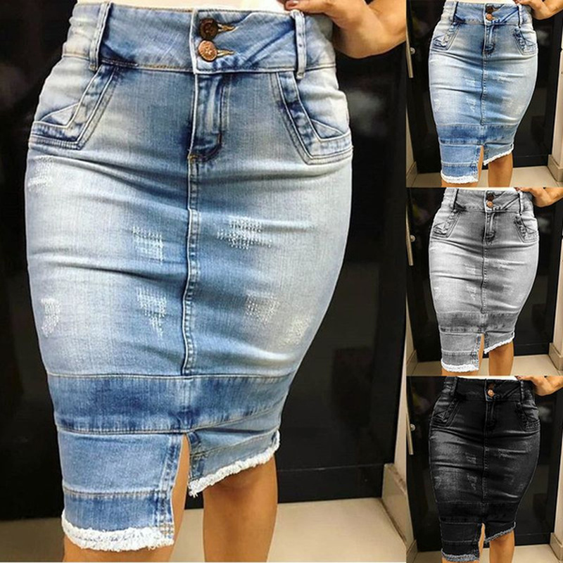Denim Skirt Women Fashion Casaul Stretch Knee Length Washed Denim Skirts Plus Size Pockets Pure Color Splited Female Skirts 210315