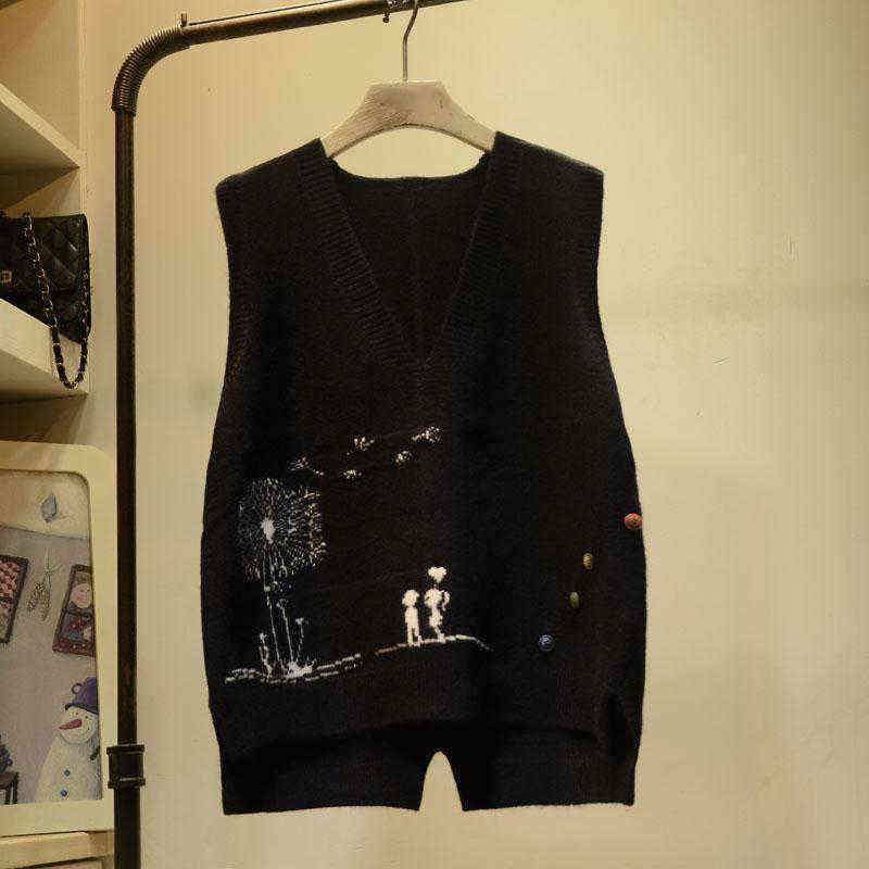 Embroidered V-neck Knitted Sweater Vest Femal Cartoon Pattern Frill Loose Sleeveless Bottoming Pullover Sweater Vest Women 220125