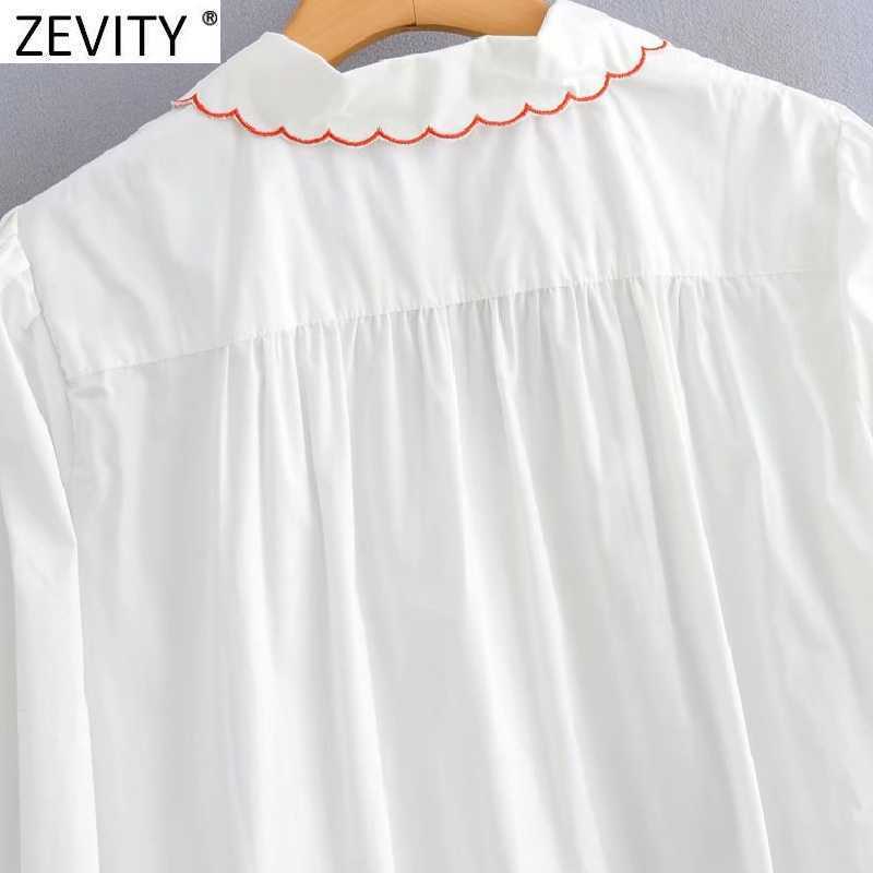 Zevity Women Sweet Floral Embroidery Casual Breasted Shirt Prairie Chic Puff Sleeve Female Blouse Roupas Chemise Tops LS9289 210603