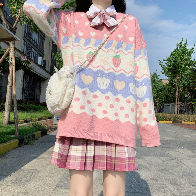 2021 Japanese Girls Sweater Kawaii Beautiful Strawberry Printing Long Sleeve Pullover New Autumn Vintage Pink Winter Knitting Tops 8atf
2021 Japanese Girls Sweater Kawaii Beautiful Strawberry Printing Long Sleeve Pullover New Autumn Vintage Pink Winter Knitting Tops 8atf