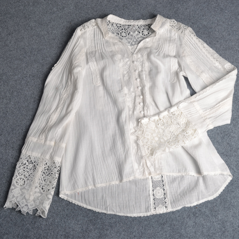 AYUALIN long sleeve white floral lace V-neck Blouses cotton Shirt Casual autumn blouse high quality Women boho Clothing blusas 210225